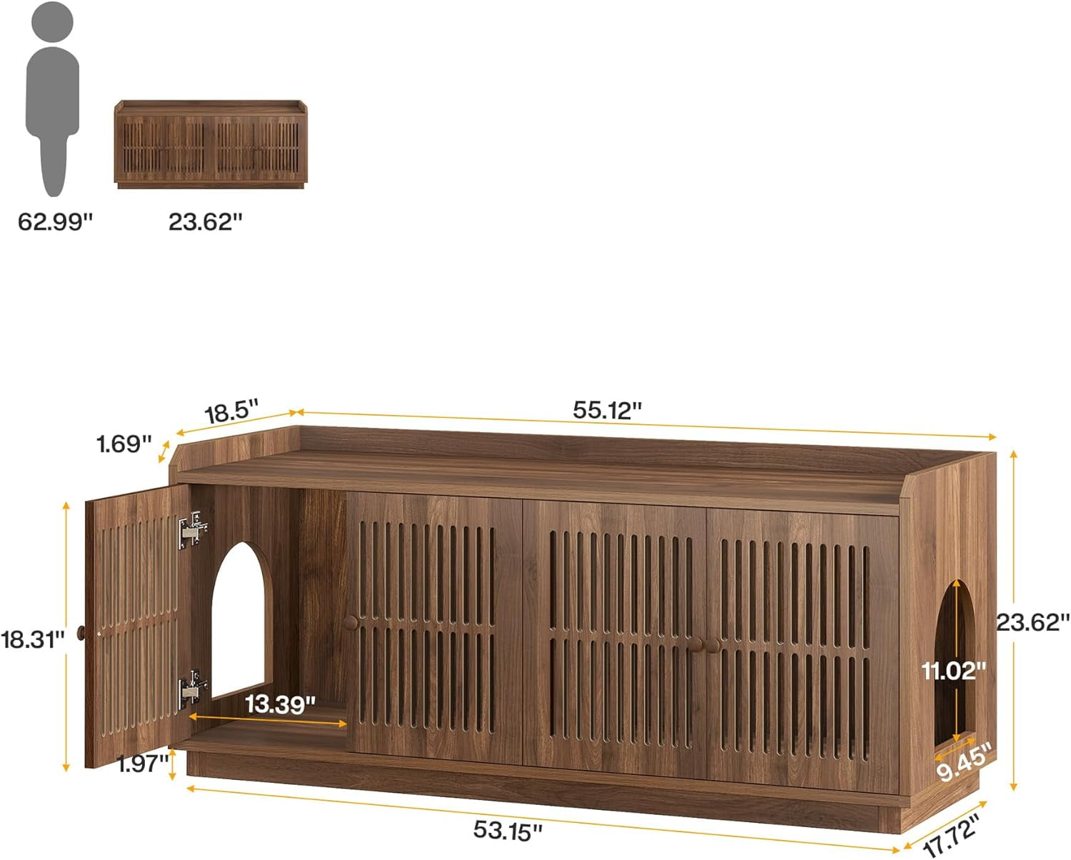 Tribesigns 55.1-Inch Cat Litter Box Enclosure, Extra Large Hidden Litter Box Furniture with 2 Cabinets and Side Entrance for Living Room, Rustic Brown