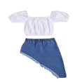 thumbnail image 3 of Toddler Girls Off Shoulder Crop Top Denim Jean Skirt Irregular Ruffle Hem, 3 of 6