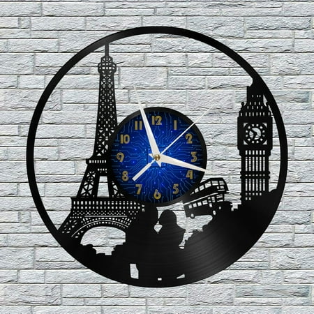 Paris city View Eiffel Tower Vinyl Wall Clock, Vinyl Record Clock Wall Art Silent & Non-ticking(12 inchs B)