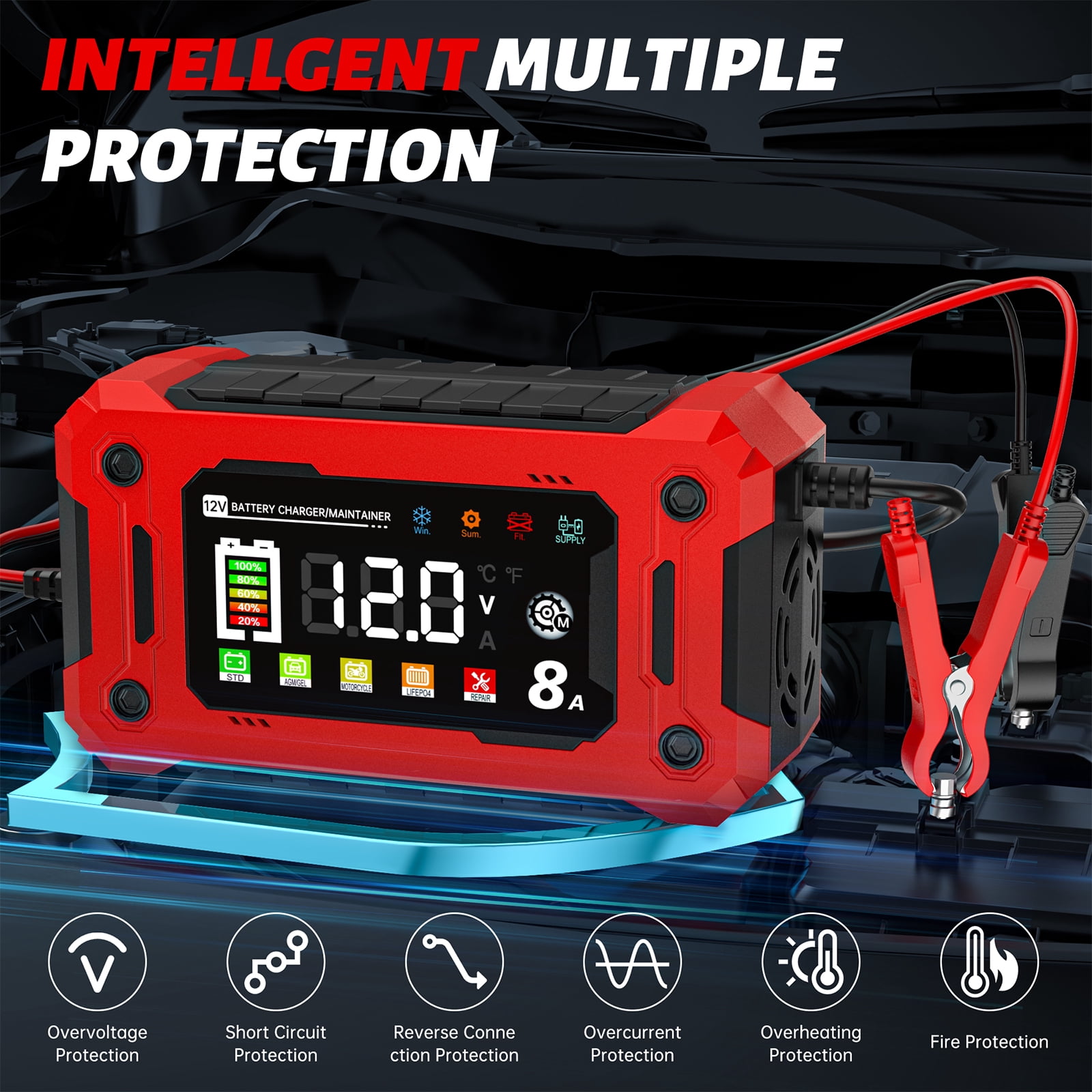 Smart Car Battery Charger, 12V/8A Battery Charger with Increase Color&Touch Screen Display, Temperature Compensation Auto Stop Trickle Charger, Battery Maintainer w/ Multi Modes for Car and Boats
