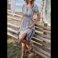 thumbnail image 4 of Vestido de Verano para Mujer, con Mangas Abullonadas y Volantes, Cuello en V, Cintura Alta, Informal, Holgado, A Rayas, Midi Gris XL, 4 of 8
