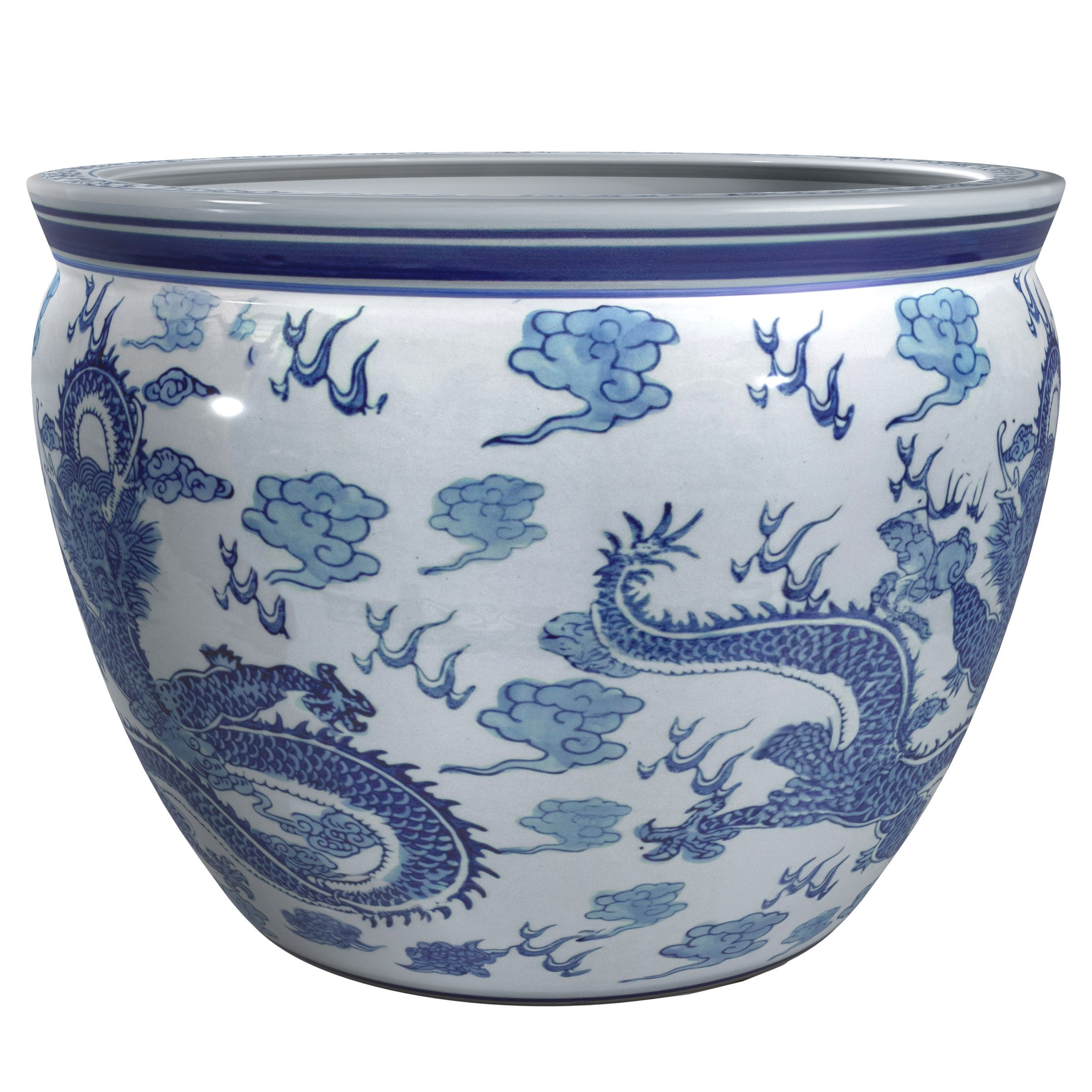 Red Lantern 14" Dragon Blue & White Porcelain Fishbowl Planter