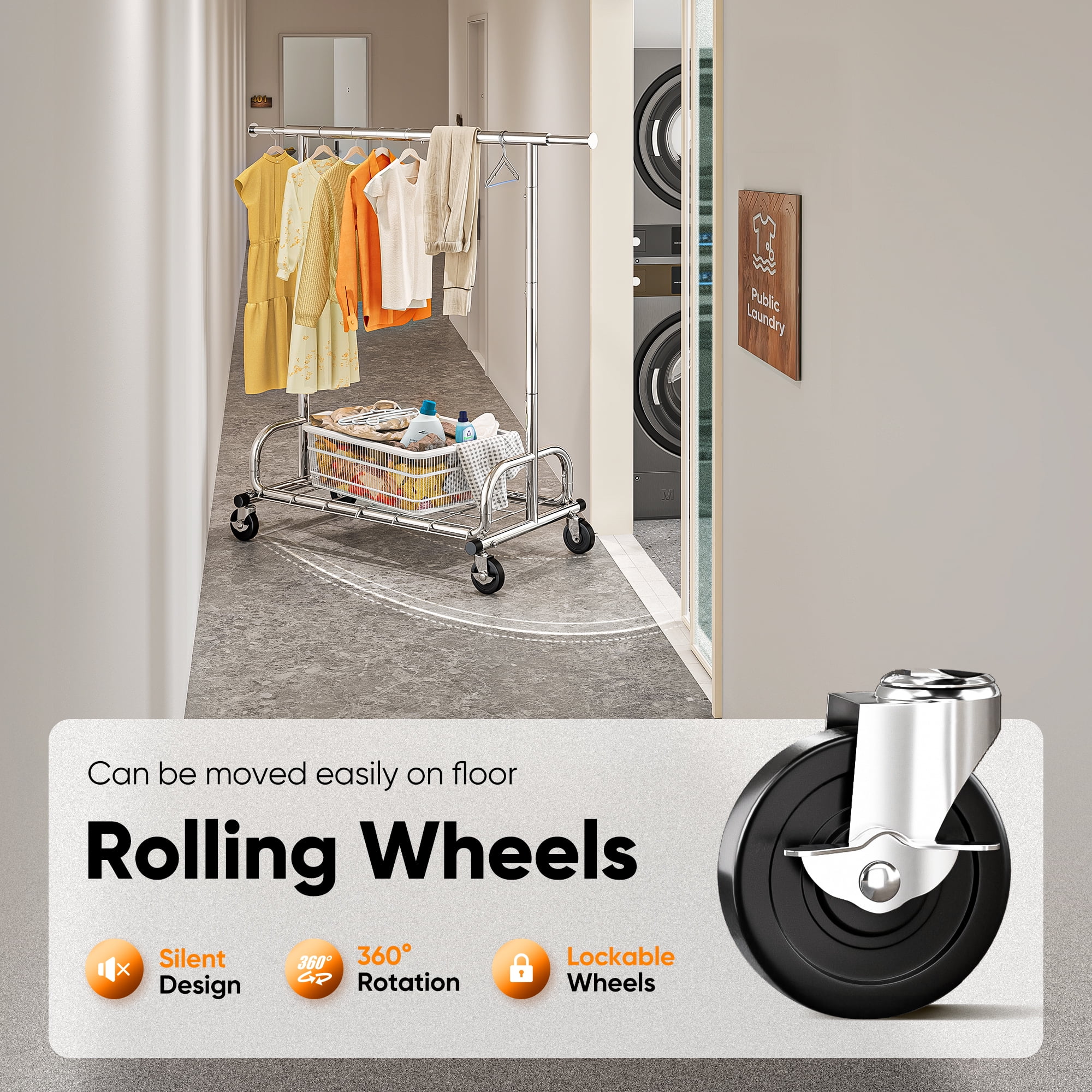 HOKEEPER Heavy Duty Clothing Rack with Shelves 300 lbs Capacity, Commercial Grade Rolling Garment Rack with Wheels, Compact Steel Clothes Rack for Small Spaces, Silver