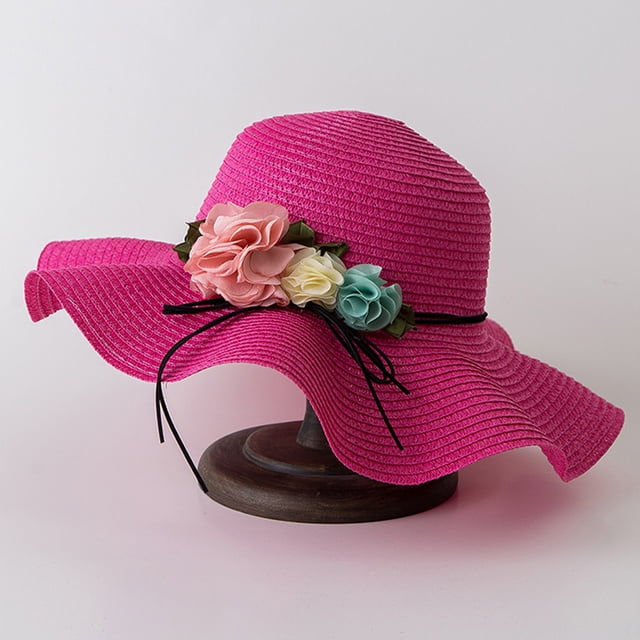 Up To $10 Baseball Caps Pink Ladies Wide Straw Foldable Travel Flower Sun Hat Summer Beach Caps