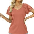 thumbnail image 3 of Camiseta casual cómoda de color puro, de color rojo anaranjado, de manga corta, con cuello en V XXL y volantes para mujer, 3 of 5