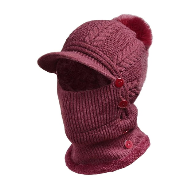 Gorro de punto con pasamontañas, bufanda para el cuello y cubreorejas, cálido para esquiar en invierno Color rojo oscuro
