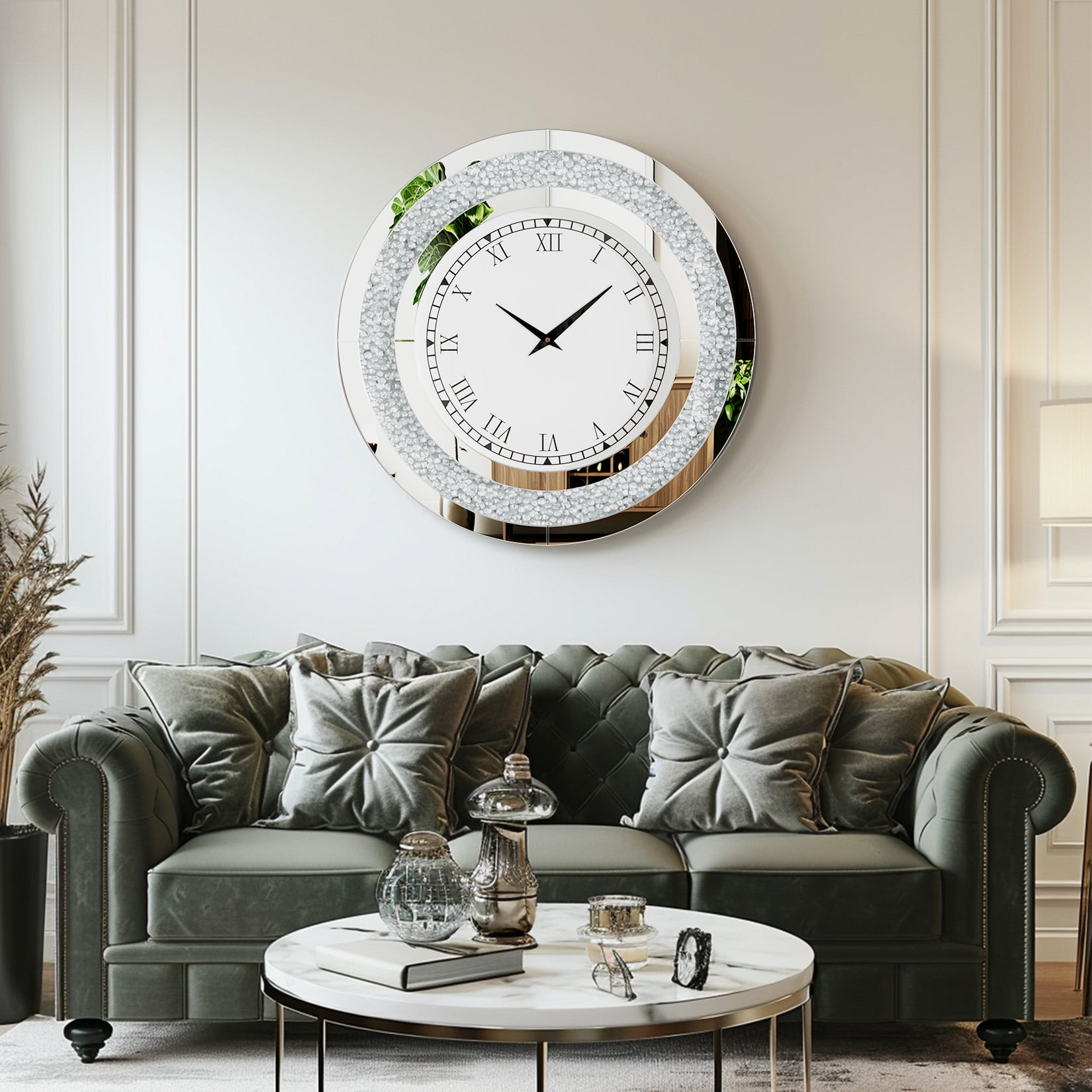 LUVODI 24 inch Rround Crushed Diamond Wall Clock Silver Beveled Mirrored Clock for Wall Living Room Decor