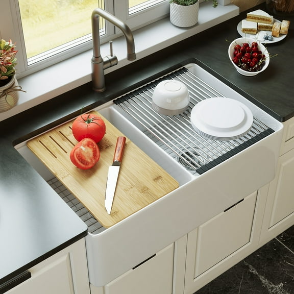 DV-1K0068 DeerValley 33" L X 20" W Double Basin Workstation Farmhouse Kitchen Sink With Sink Grid, Cutting Board And Dish-Drying Rack