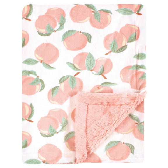 Hudson Baby Girls Plush Blanket with Furry Binding and Back, Peach, One Size