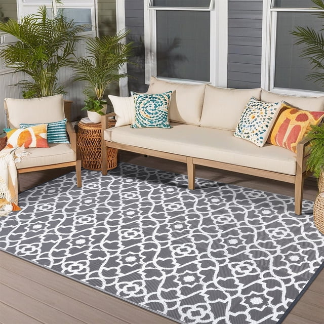 MeyJey Tapete Exterior Reversible Impermeable de 8'x10' de Gran Tamaño para Interiores/exteriores, Tapete de Plástico para RV, Acampar, Patio, Gris