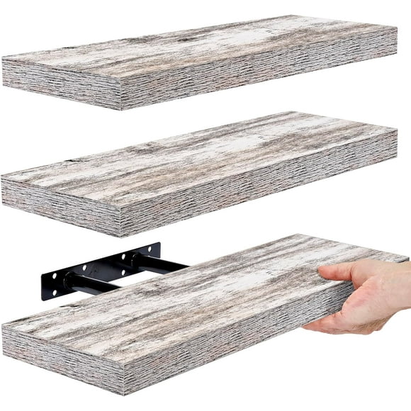 Sorbus 3 Decorative Wooden Floating Shelves, Farmhouse Hanging Wall Shelf Décor - 16 inches - 3 Pack (Rustic Wood, White)