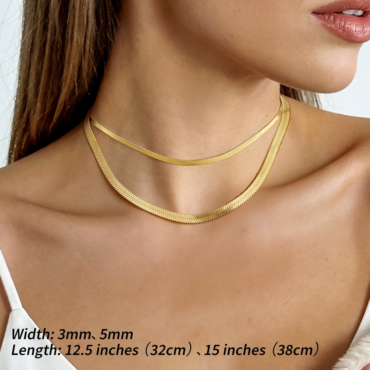 FindChic 2pcs 14K Gold Plated Necklaces for Women Layered Herringbone Choker Snake Chain Birthday Mothers Day Jewelry Gifts Her Mom Wife Lady Female Adults Age Ideas, 3mm & 5mm