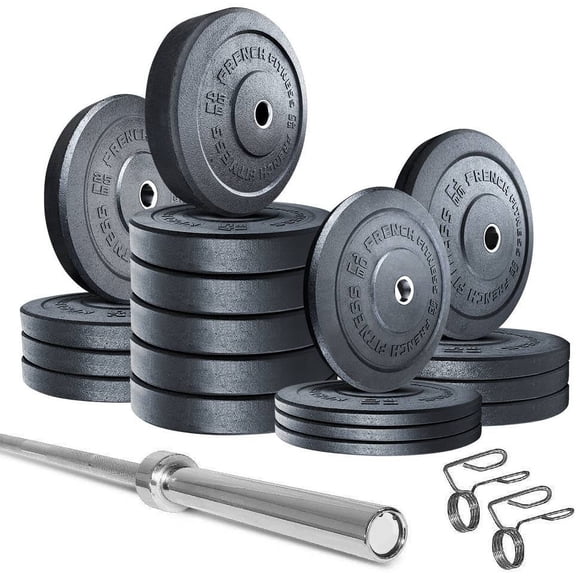 French Fitness Bumper Plates Set w/7 ft Olympic Bar 515 lbs