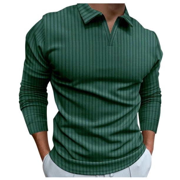 Gibobby Playera polo hombre Camiseta de tela a rayas de otoño informal para hombre, camiseta de manga larga con cuello en V y cuello vuelto(Verde,G)
