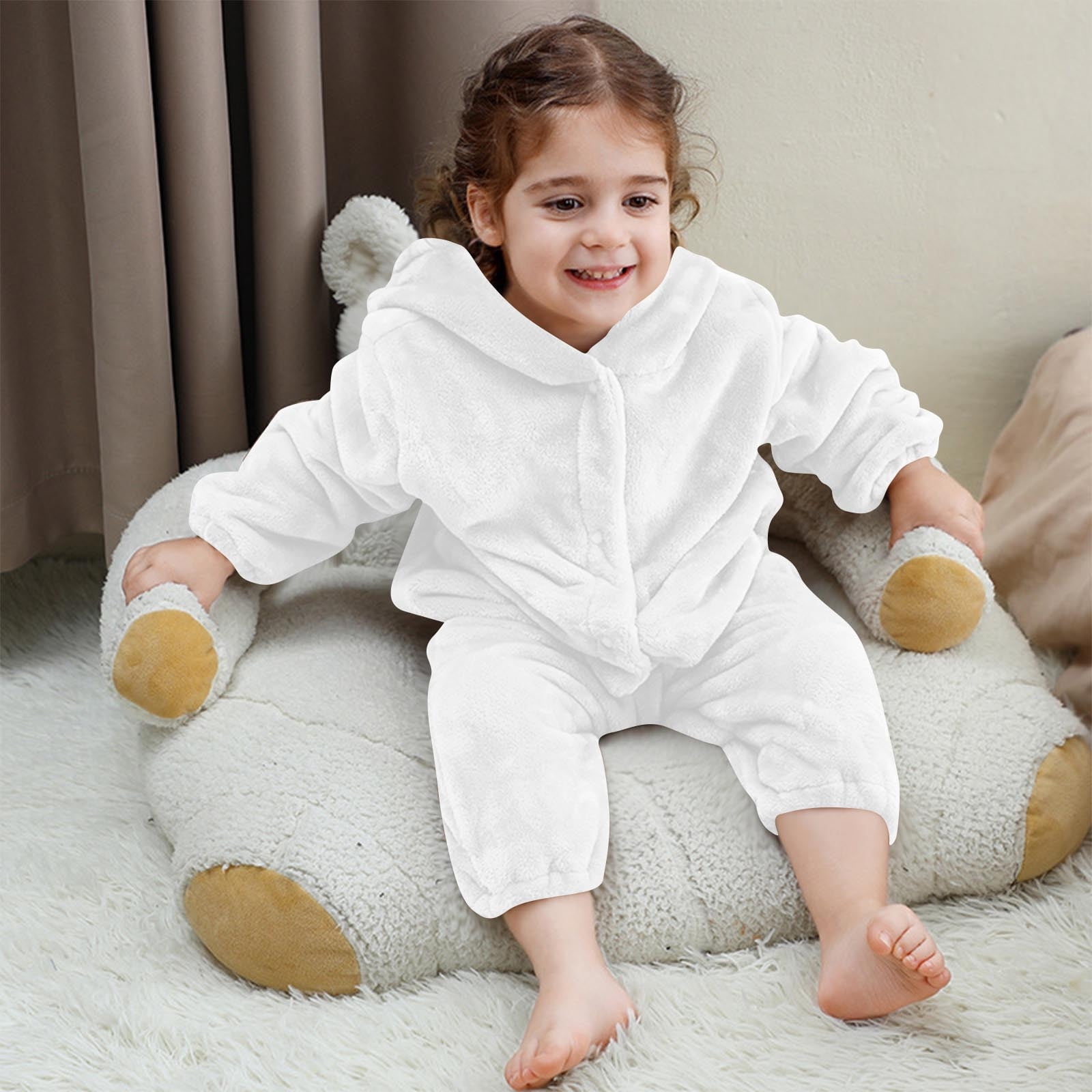 Paiwinds Girls' Fleece Hooded Jumpsuit Pajamas for Toddler & Kids (3M-6Y) Winter Warm Bear Costume One-Piece Sleepwear with Buttons, Soft Long Sleeve Romper for Home & Holiday