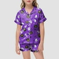 thumbnail image 2 of Caqnni Halloween Pajamas Set for Girl Short Sleeve Button Down Shirts and Pajama Shorts Sets Silk Satin Soft Sleepwear Outfits Halloween Home Short Sleeve Shorts Pajama Set (6-7 Years,Dark Purple), 2 of 5