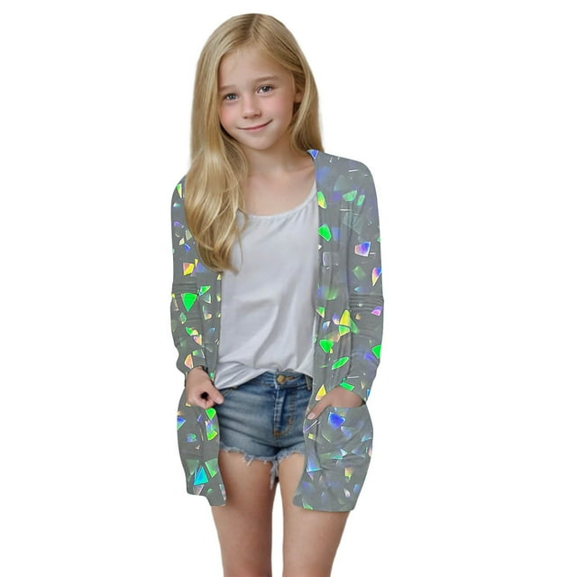 MKOSPLRT Girls Cardigans Kids Fashion Open Front Long Sleeve Knit Sweaters Funny Sequined Print Outerwear with Pockets 5-14 Years
