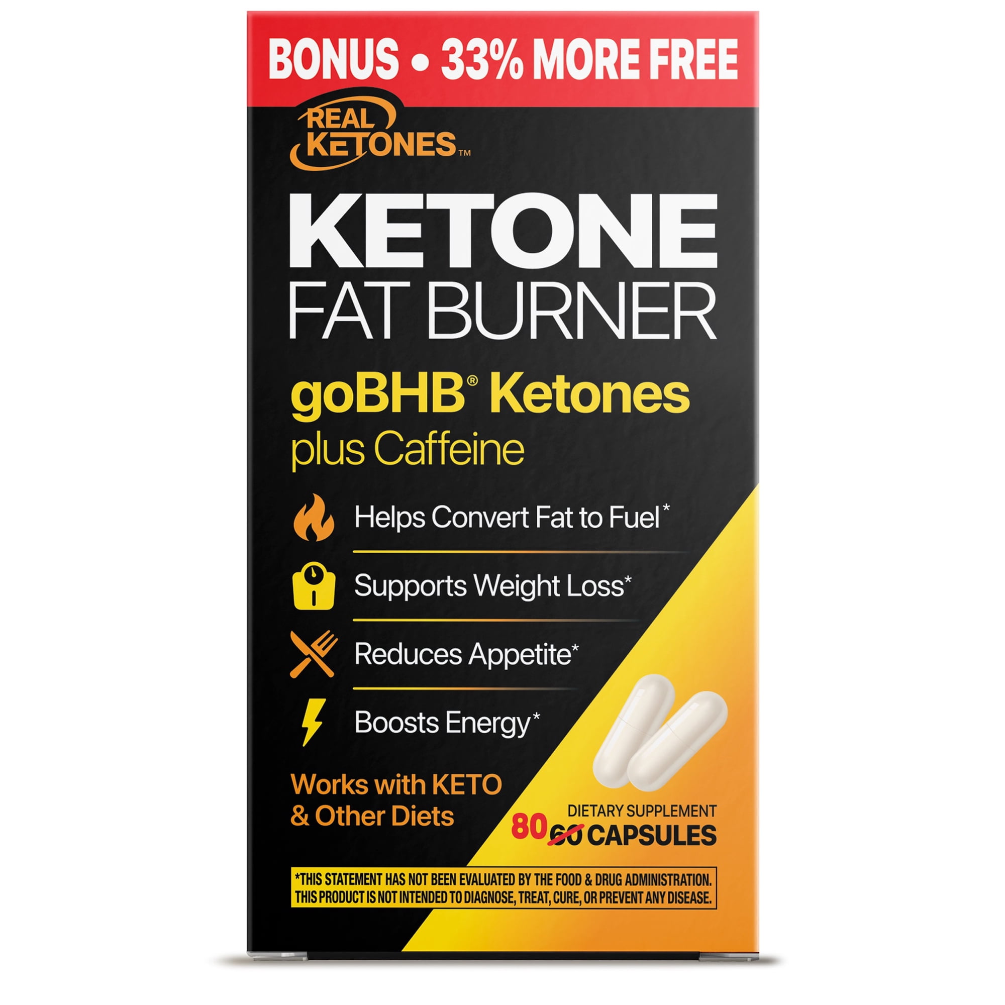 REAL KETONES Fat Burner BHB + Caffeine Capsules 80 ct