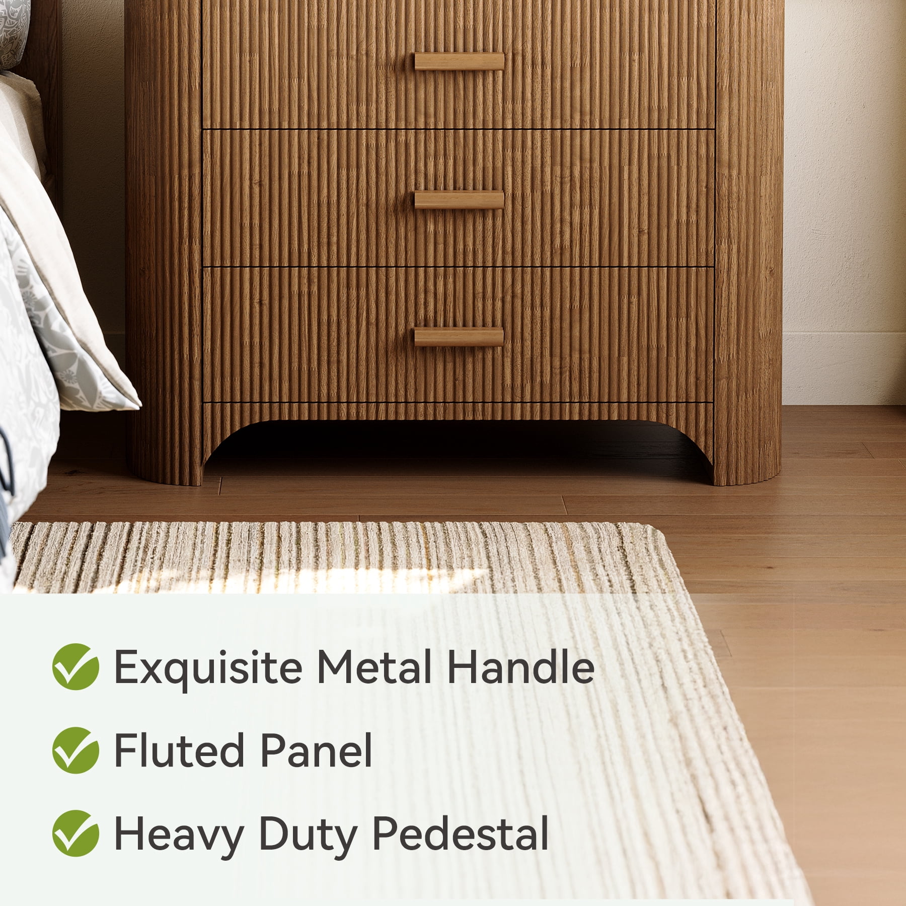 Finmind 31.5" Wide Fluted Nightstands, Oversized 3-Drawer Night Stand, Large Bedside End Table for Bedroom, Living Room