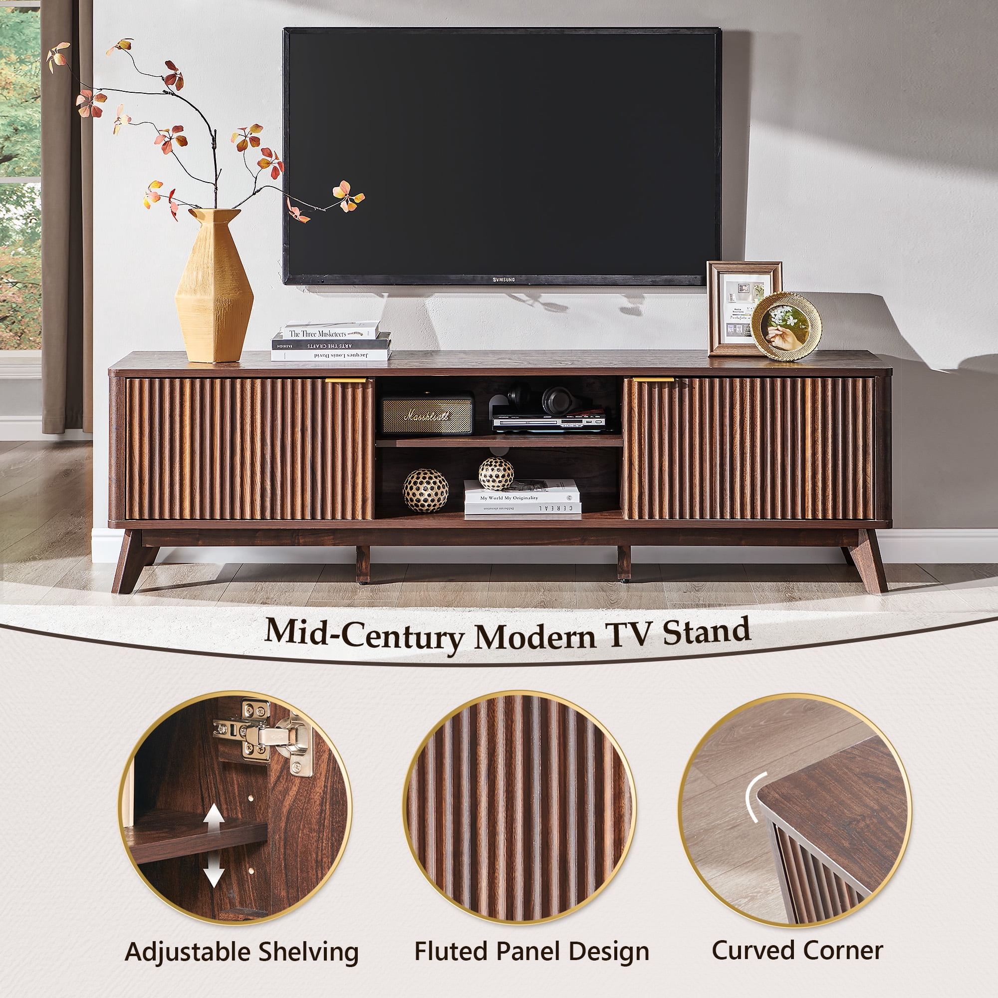 KeyWhat 70" TV Stand with 2 Soft Close Door, Modern Entertainment Center Console Table, Media Furniture for Living Room, Dark Walnut