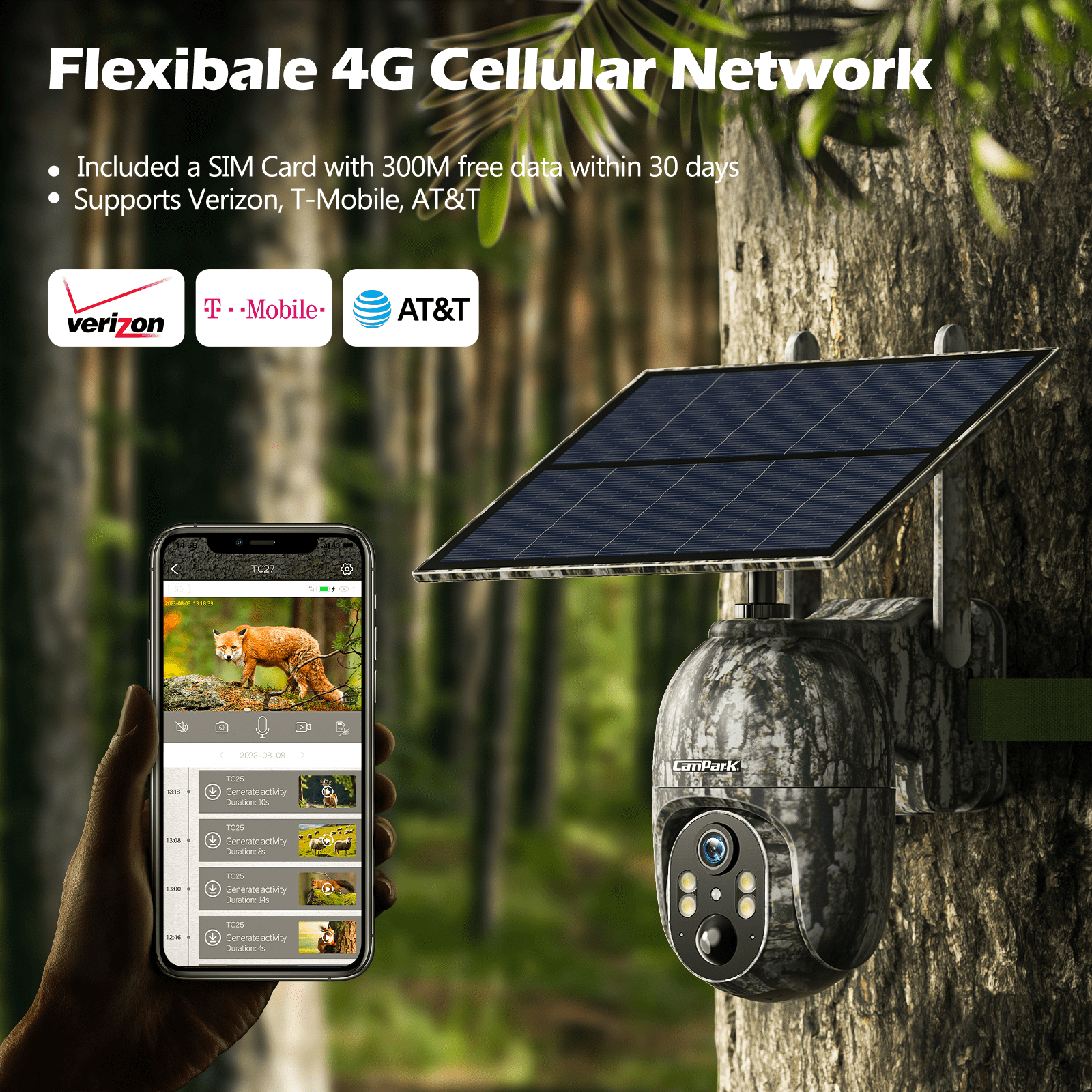 CAMPARK 4G LTE Cellular Trail Camera 2 pack, 2.5K PTZ Wireless 10400mAh Solar Battery SIM Card Night Vision Motion Detection Waterproof No WiFi Need