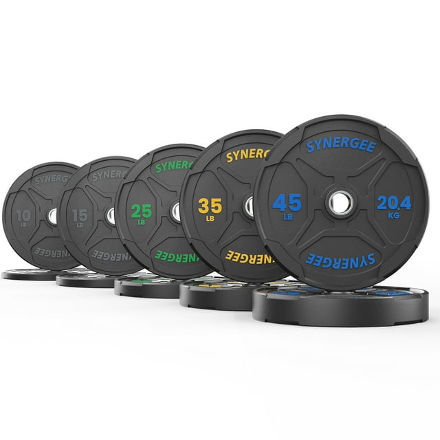 Synergee Bumper Plates – Durable Olympic Weight Plates, Low-Bounce Rubber for Strength Training, Powerlifting, and Functional Workouts.