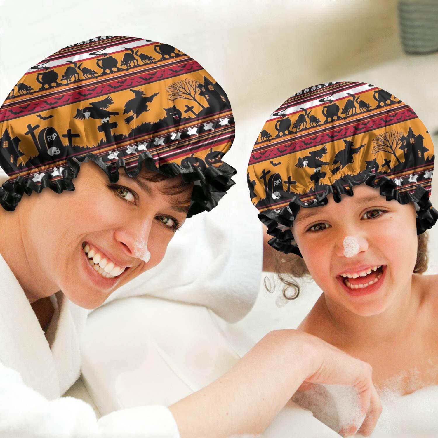 Shower Caps,Halloween Stripe Scene Pattern Waterproof Shower Cap for Women 4 Pieces,Double Reusable Hair Cover for Shower PEVA Elastic Stretch Hem