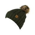 thumbnail image 3 of C.C Thick Cable Knit Faux Fuzzy Fur Pom Fleece Lined Skull Cap Cuff Beanie, Dark Olive, 3 of 3