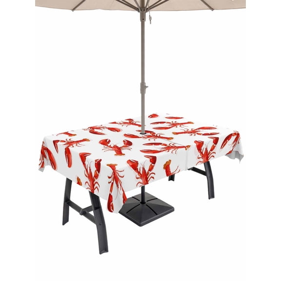 Outdoor Tablecloth with Umbrella Hole and Zipper, Red Lobster Rectangle Table Cloth 54x80 Inch Waterproof Tablecloth, Summer Ocean Animal Minimalist Art Picnic Table Cover for Patio Camping