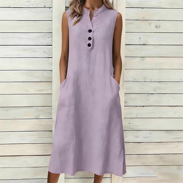TaTaai Ladies Solid Color Loose Cotton Linen Sleeveless V-Neck Button Down Dress Casual Fashion Soft Breathable Fabric Elegant Midi Dress for All Occasions Gift