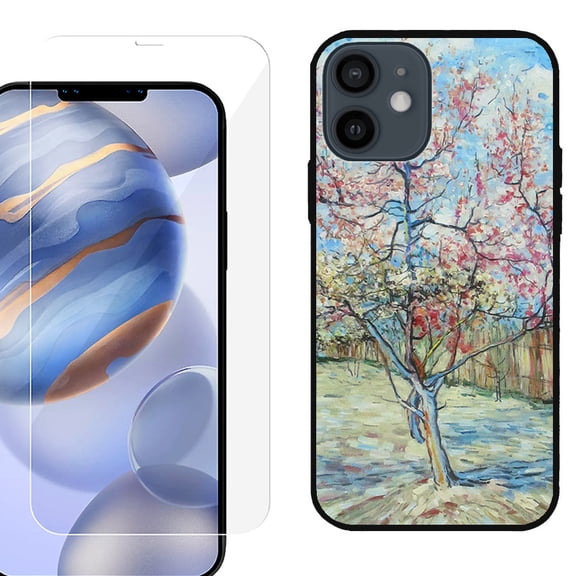 Slim-Fit Protective Phone Case (Black) compatible with iPhone 12 / iPhone 12 Pro, with Tempered Glass Screen Protector, by OneToughShield ® - Blossom Tree