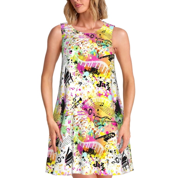 Fotbe Retro Musical Vestido de Verano sin Mangas para Mujer – Vestido Midi Línea A, Estilo Camiseta Floral, Vestido Playero Casual y Fluido