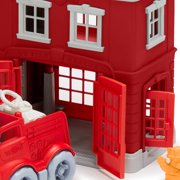 Green Toys: Fire Station Playset - 8pc Emergency Toy Set, Rescue Vehicle Truck, 2-Level Firehouse, 2 Cat Figures, Recycled Material, Kids-Toddlers 2+