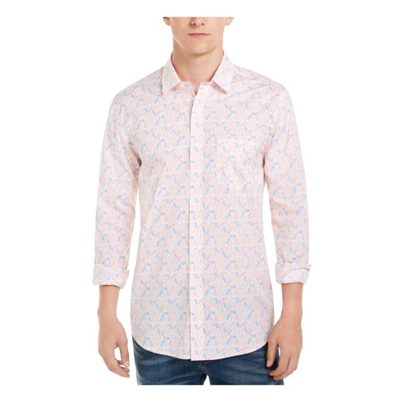 CLUBROOM Mens Orange Printed Collared Classic Fit Dress Shirt L