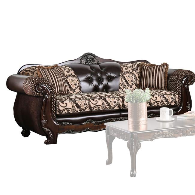 Brown and Beige Benjara Traditional Wooden Sofa with Fabric Cushioned Seating 