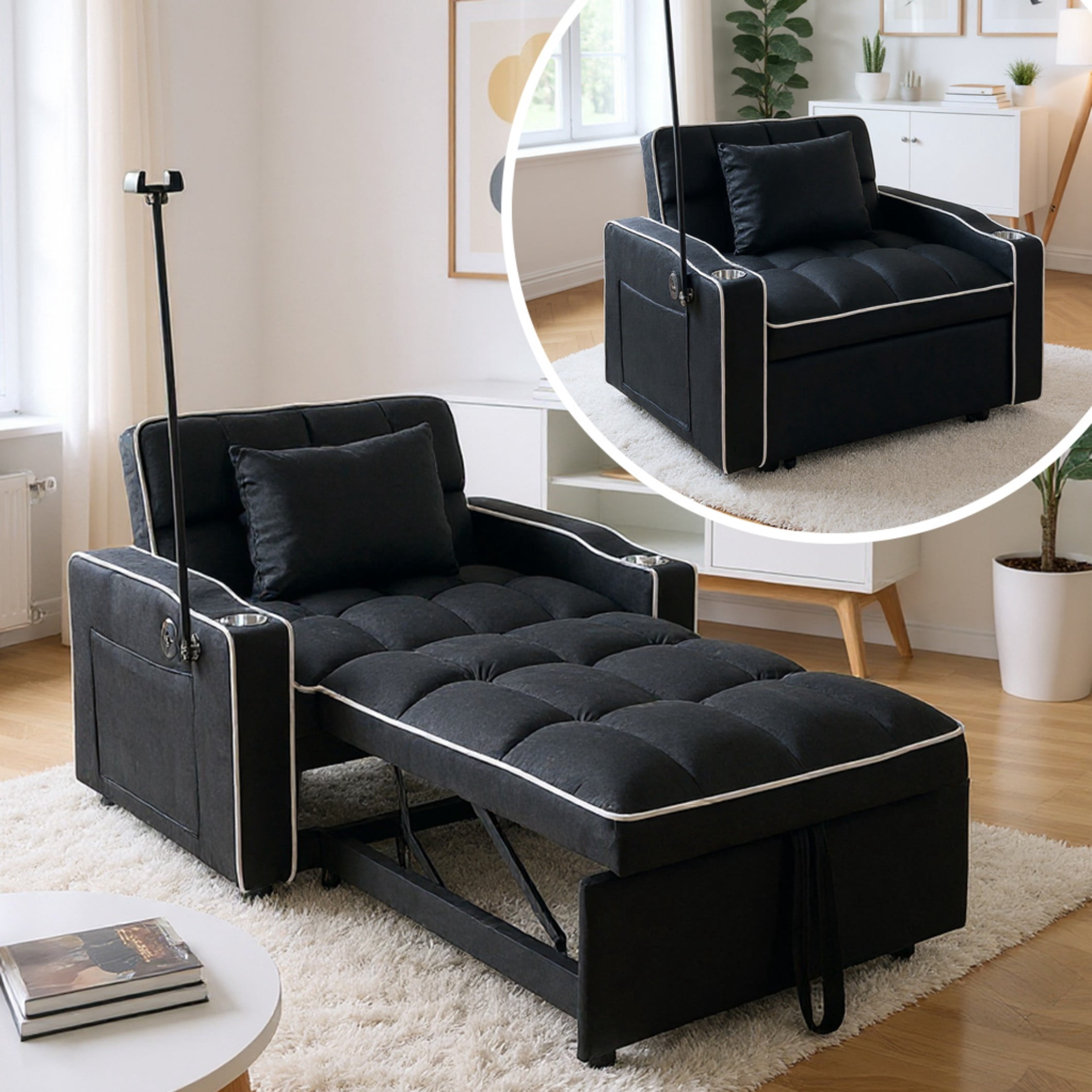 BSHTI 37.2" Convertible Pull-Out Sleeper Chair – with 3 Adjustable Angles, Velvet Upholstery, Side Pocket Storage, Solid Wood Frame,Black