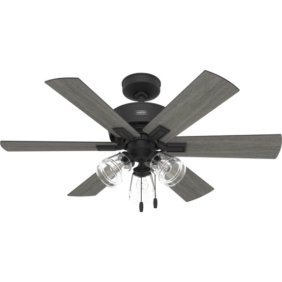 Restored Hunter Fan 44 inch Matte Black Ceiling Fan with Light, Reversible and WhisperWind motor, Modern Ceiling Fan with 6 Blades for Bedroom, Living Room, Kitchen (Refurbished)