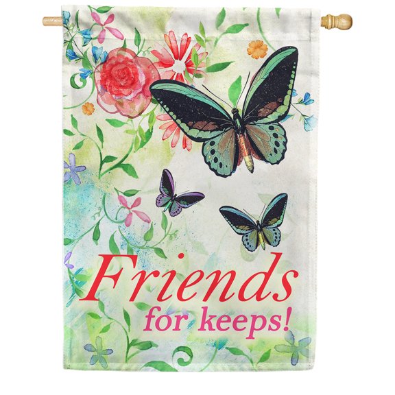 America Forever Friends Forever Floral House Flag 28 x 40 inches Forever Friends Family Double Sided Butterfly Red Flowers Seasonal Yard Outdoor Decorative Motivational Garden Flag