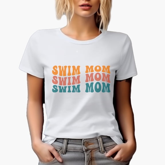 Swim Mom, Name or Title for Moms Who Have Swimmer Children, Groovy Retro Wavy Text Merch Gift, White T-Shirt, Small