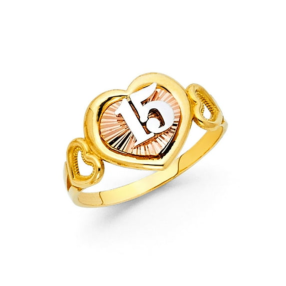 FB Jewels 14K Yellow White and Rose Three Color Gold Fifteen 15 Years Birthday Quincea–era Ring Size 12