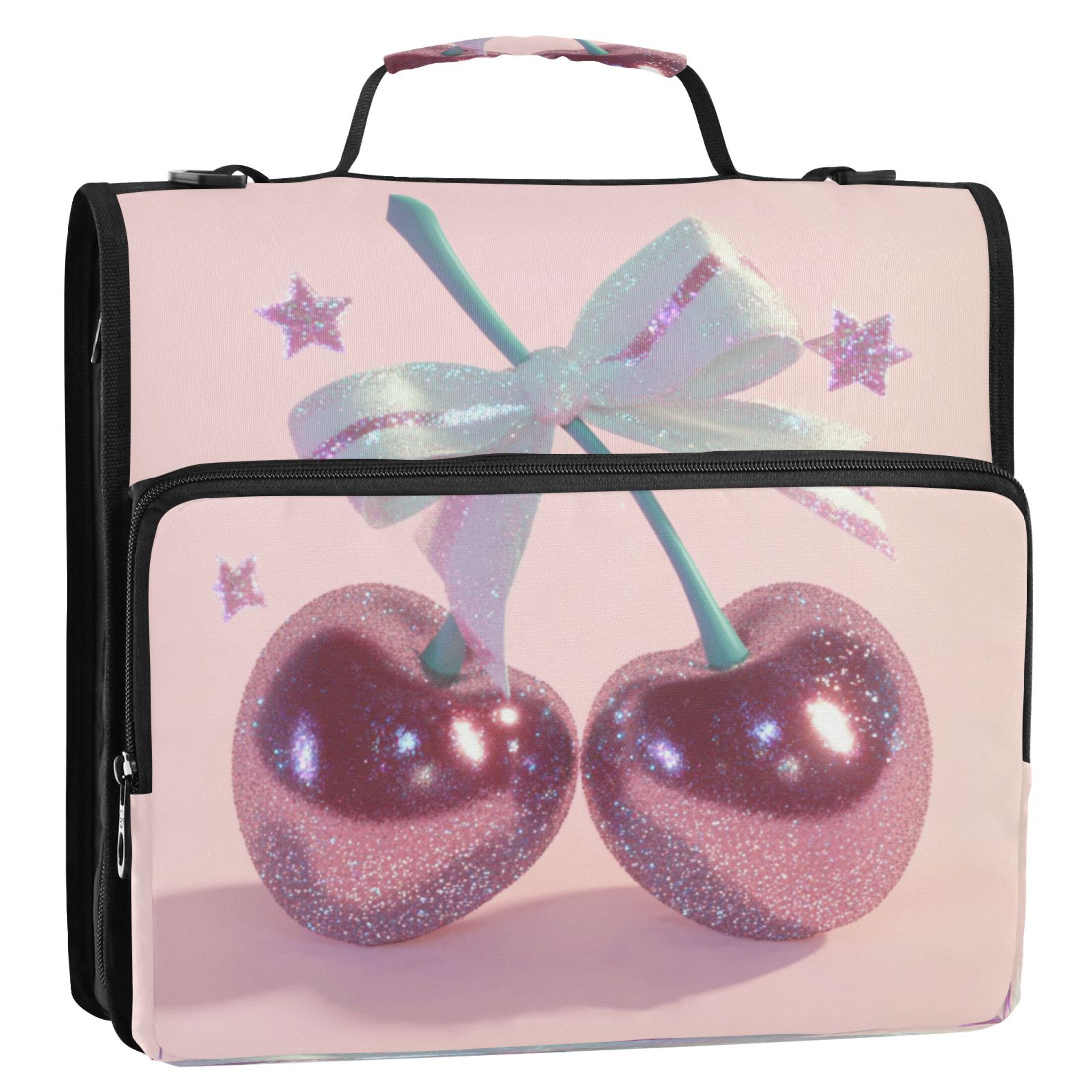 Water-Resistant 3-Ring Binder Organizer with Multiple Pockets Zipper Binder Bag for Office Pink Large Cherries