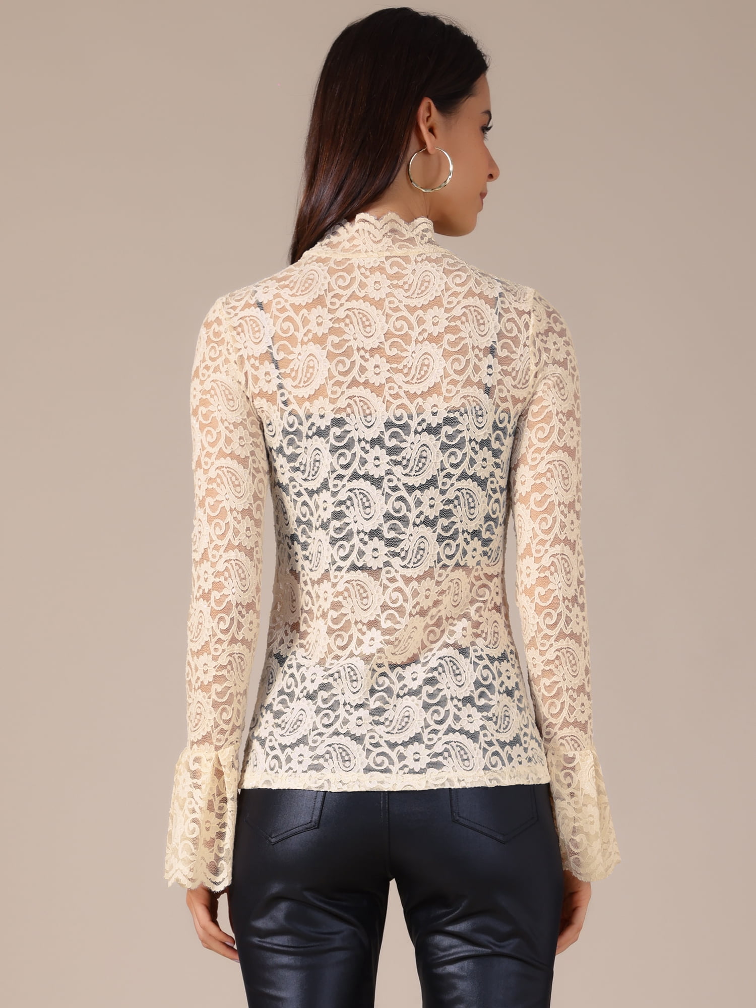 DARING DIVA Women's Lace High Neck Bell Long Sleeve Sheer Mesh Blouses XS Beige
