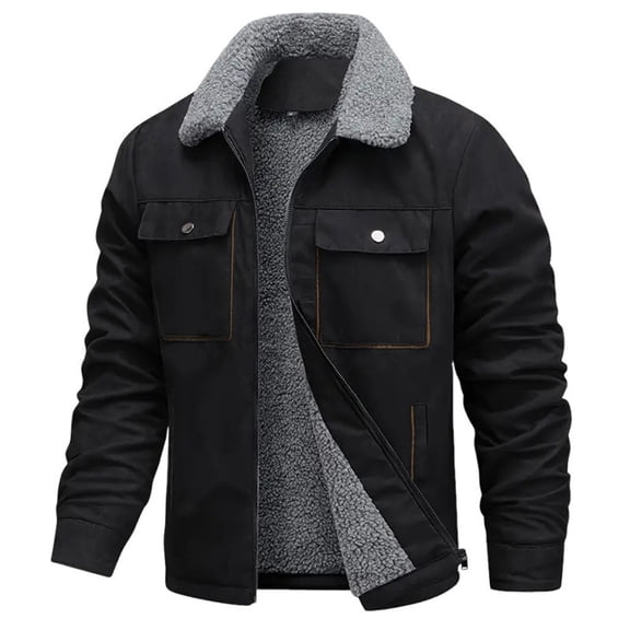 Sewkxo Men’S Casual Winter Jackets Faux Suede Sherpa Jacket Warm Fleece Lined Turn-Down Coat With Pockets,Black XL