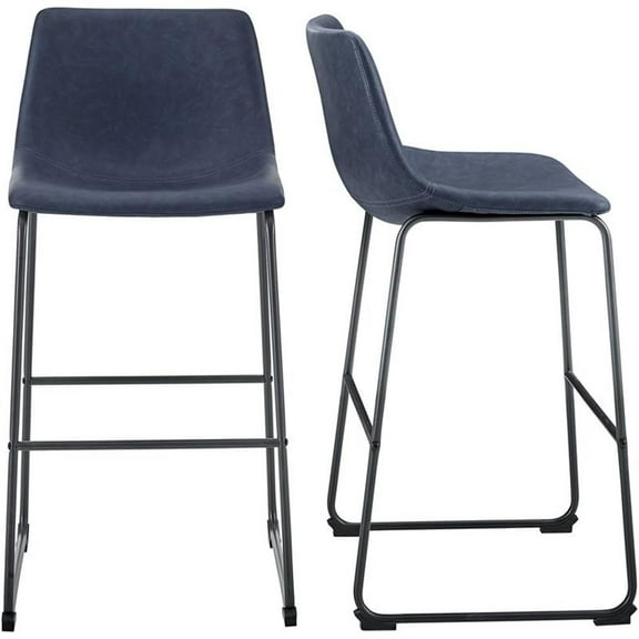 Pemberly Row 30" Industrial Faux Leather Barstools in Navy Blue (Set of 2)