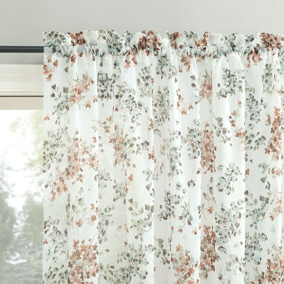 No. 918 Alethea Floral Print Crushed Voile Sheer Rod Pocket Curtain Panel, 51"W X 84"L, White