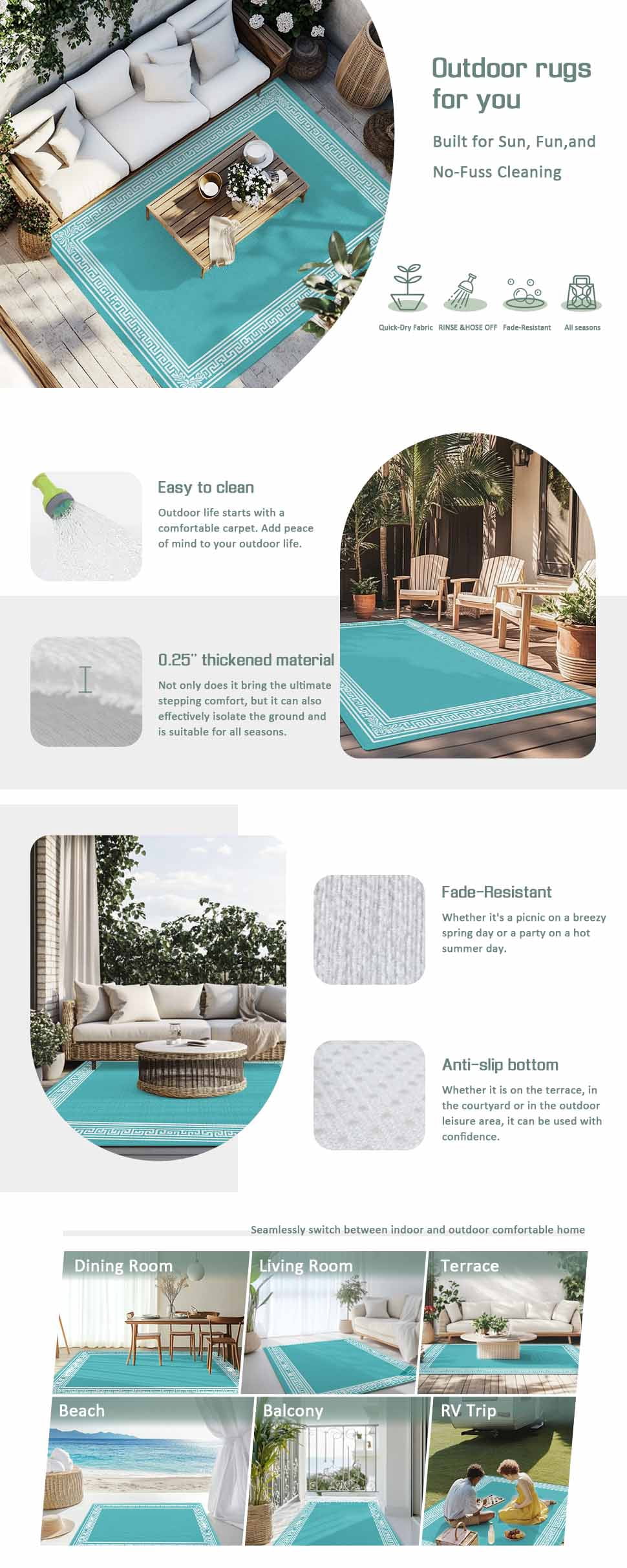 Turquoise Outdoor Rug 6x9 Ft - Reversible Patio Rug Outdoor Camping Rugs, Geometric Boho Ethnic Tile Chic Monochrome Washable Indoor Outdoor Area Rugs, Non-Slip Outdoor Carpet Runner for Deck/Porch