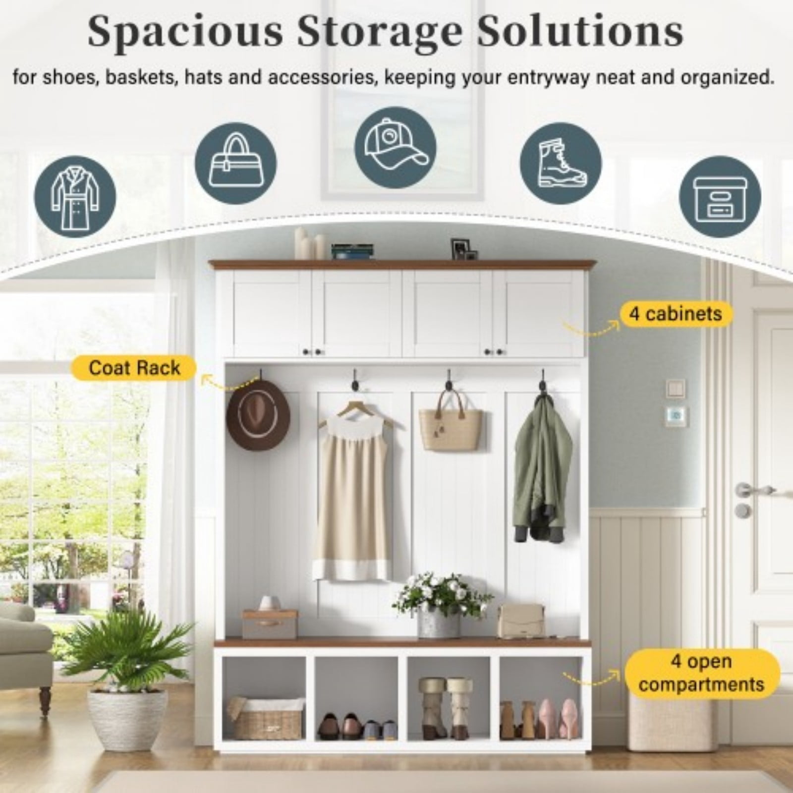 59" Farmhouse Entryway Hall Tree with Bench, 4-in-1 Coat Rack Shoe Storage with 4 Cabinets & Open Compartments, Wood-Grain Hall Tree Organizer with Hooks for Hallway Entryway, White