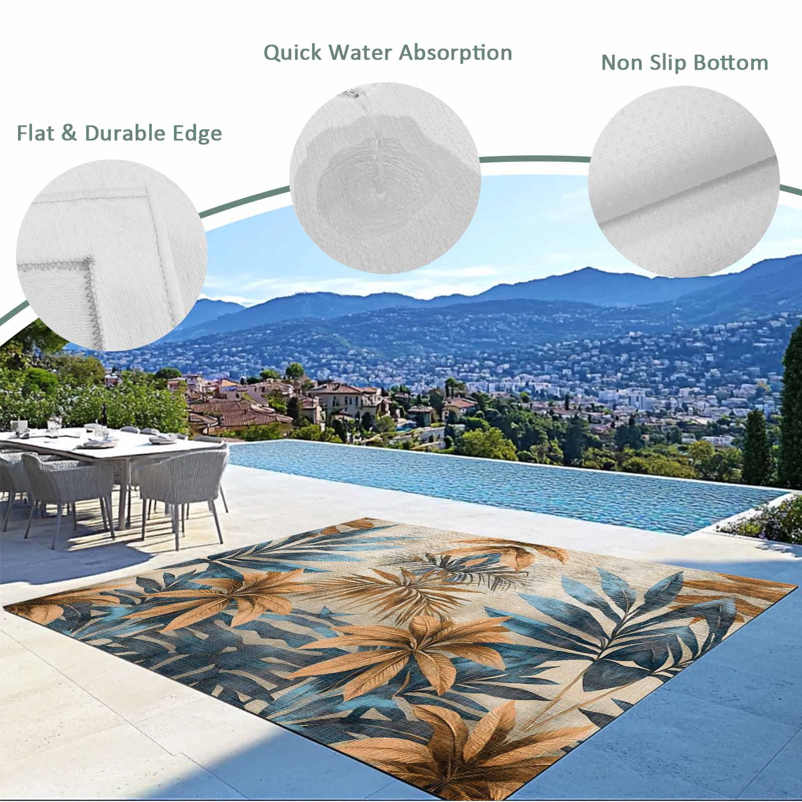 Fsddascl Navy Blue Brown Outdoor Rug for Patio/Deck/Porch, Non-Slip Large Area Rug 4 x 6 Ft, Retro Tropical Botanical Palm Leaves Indoor Outdoor Rugs Washable Area Rugs, Camping Rug Carpet