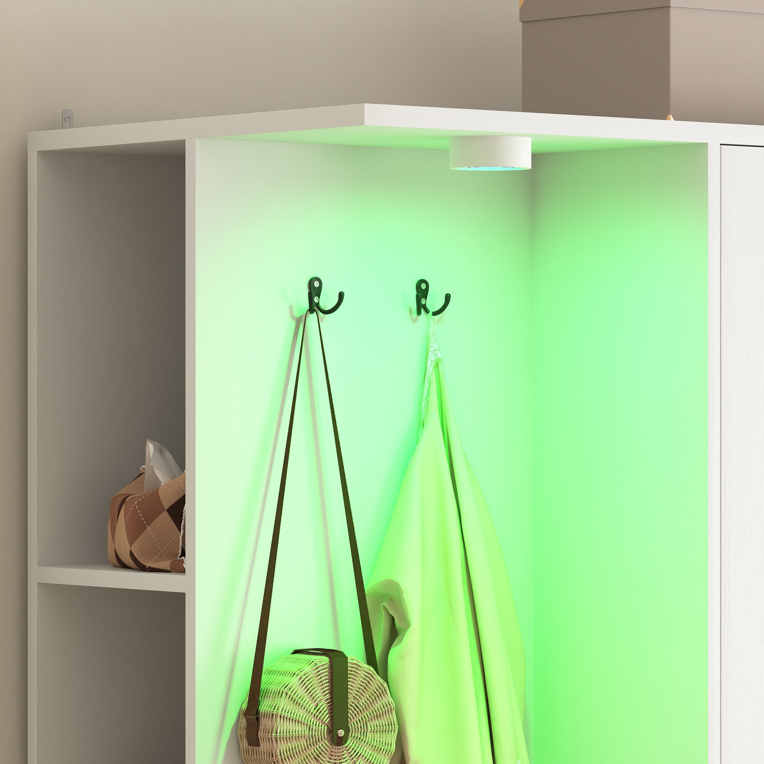 Mintazer Freestanding Wardrobe Armoire with Mirror Door, Open Coat Nook & 6 Drawers, 71" Tall Clothing Storage Cabinet with Hanging Rod & Light for Bedroom, White