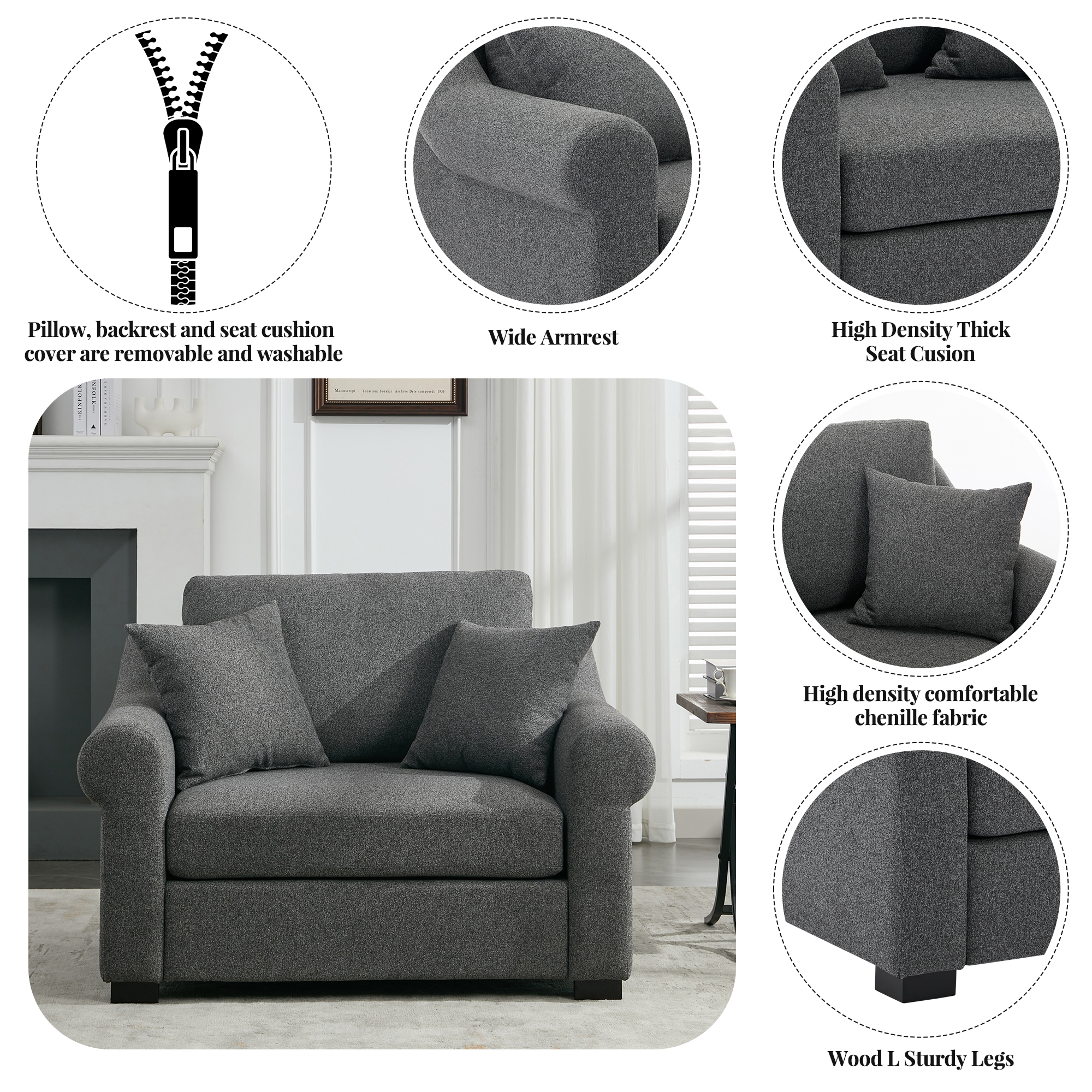 Euroco Modern Chenille Oversized Armchair, Chair and a Half, Single Sofa for Bedroom, Living Room,44.5" Wide, Grey